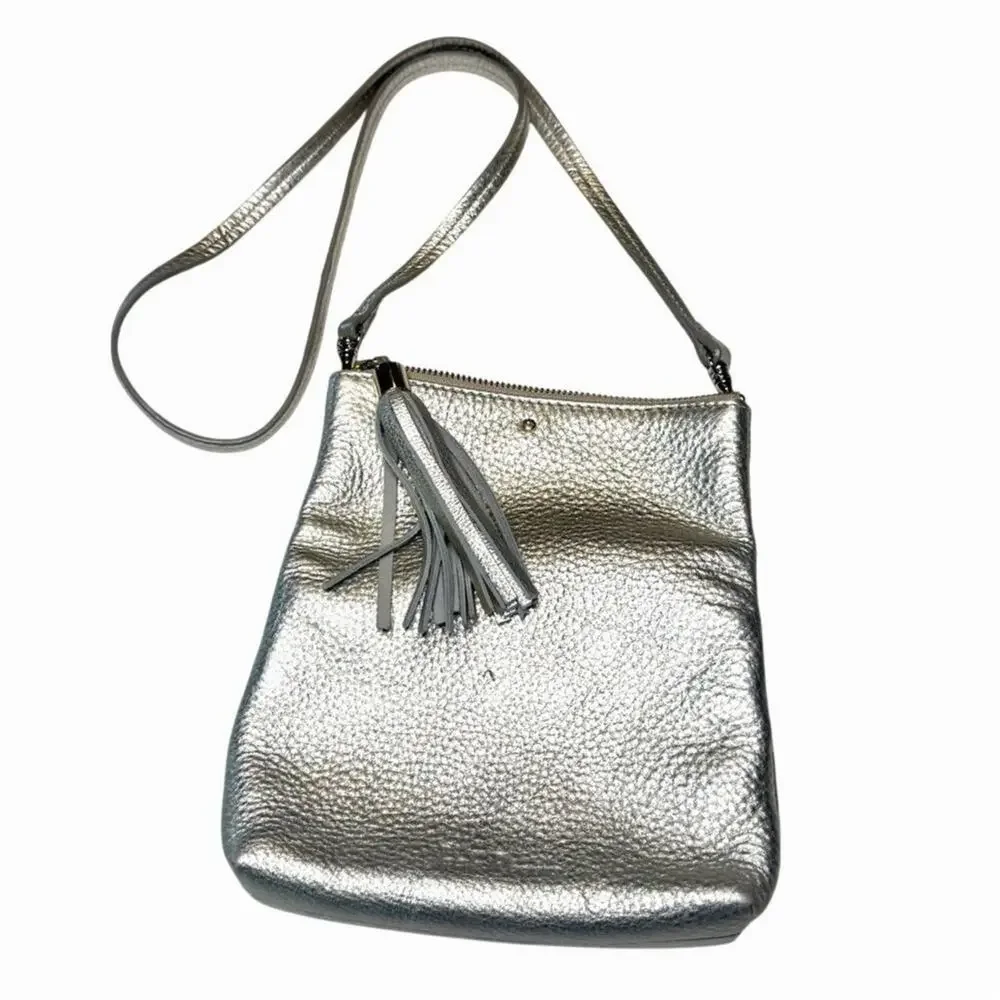 Jack Rogers Silver Metallic Leather Mini Fold-Over Tassel Crossbody Bag